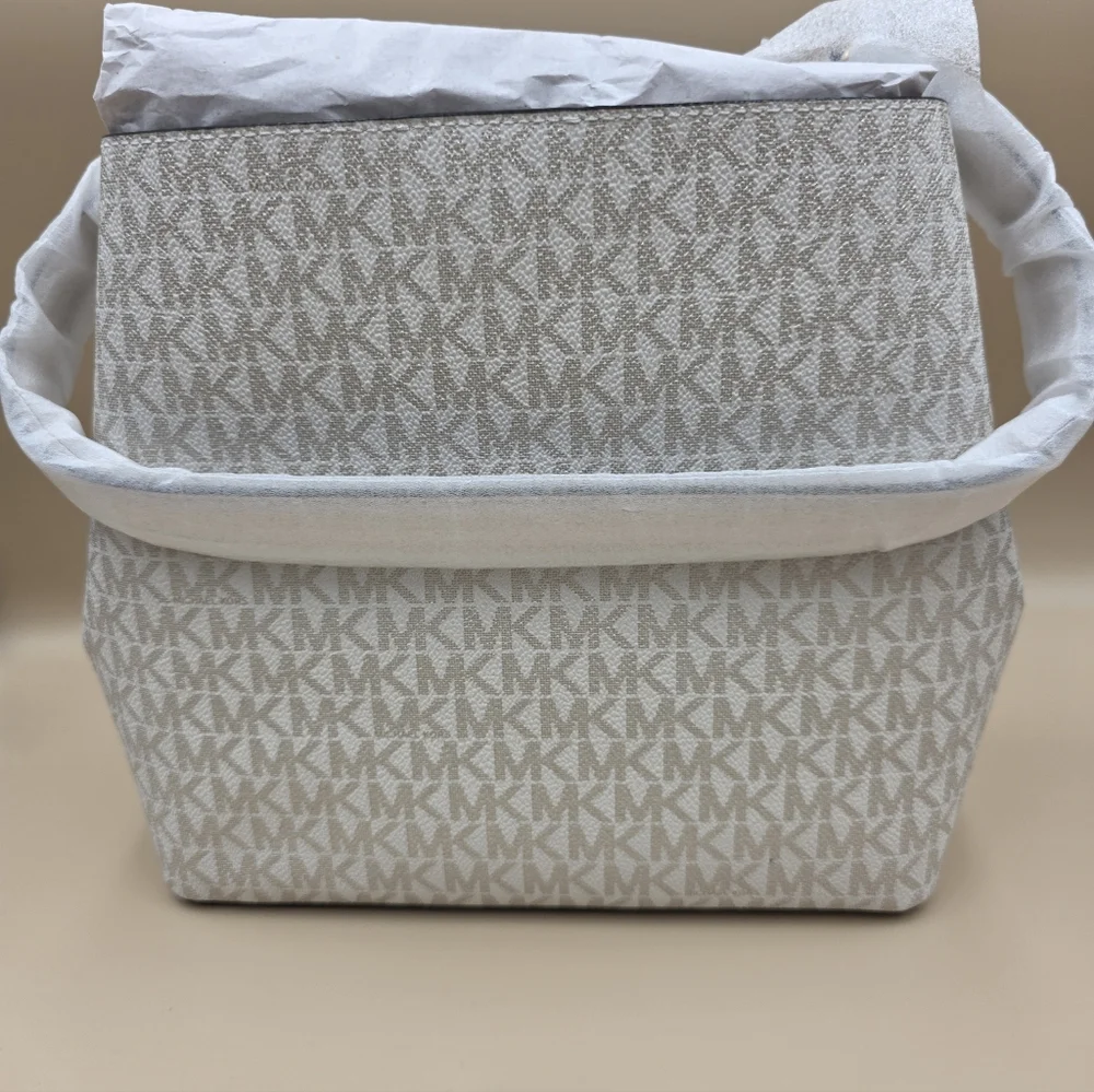 Michael Kors Cream MK Monogram Medium Pratt with Gold & Silver Center Stripe - Picture 4 of 4